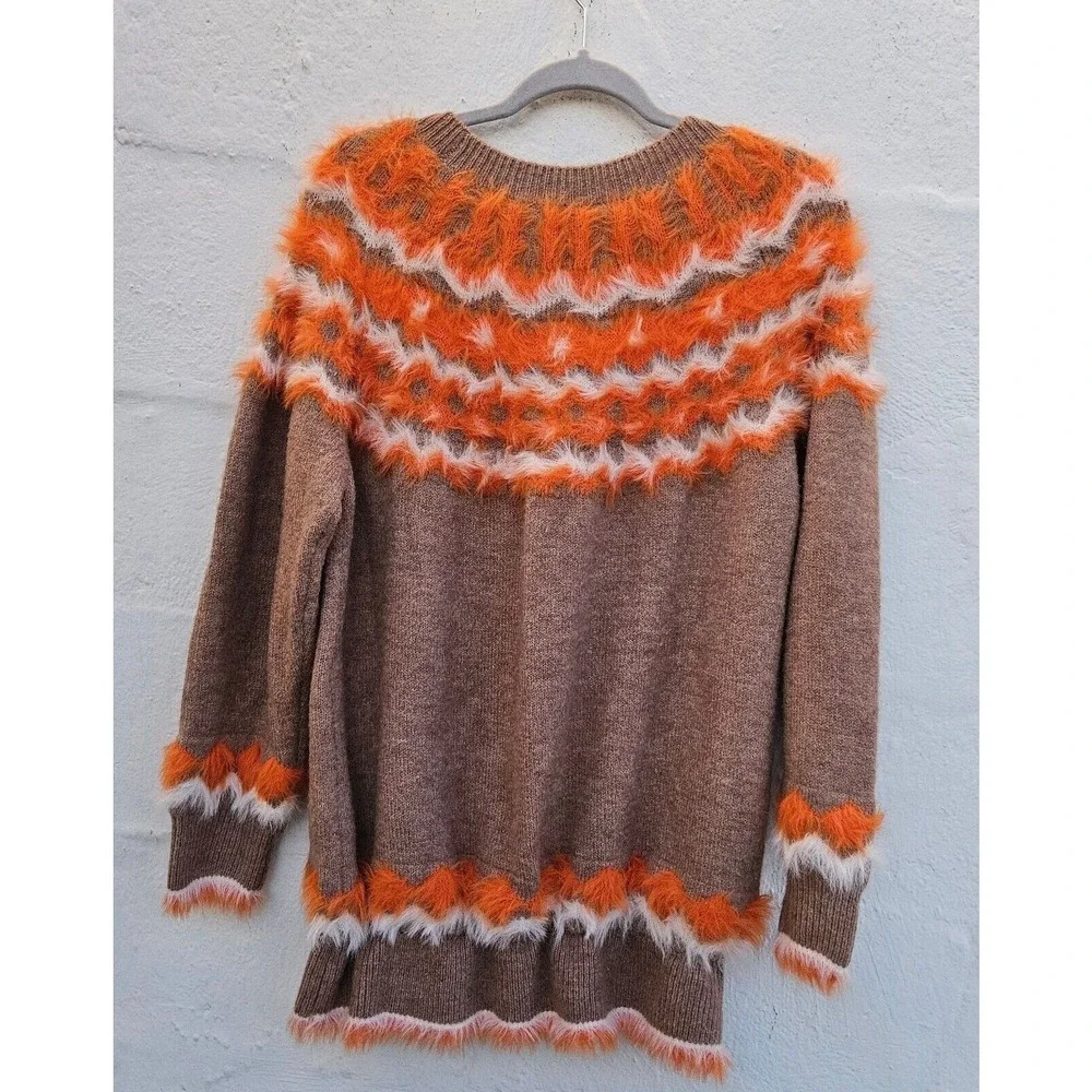 Andrew Marc Sweater XL Tan Orange‎ Fair Isle Eyelash Fringe Fuzzy Artsy Retro